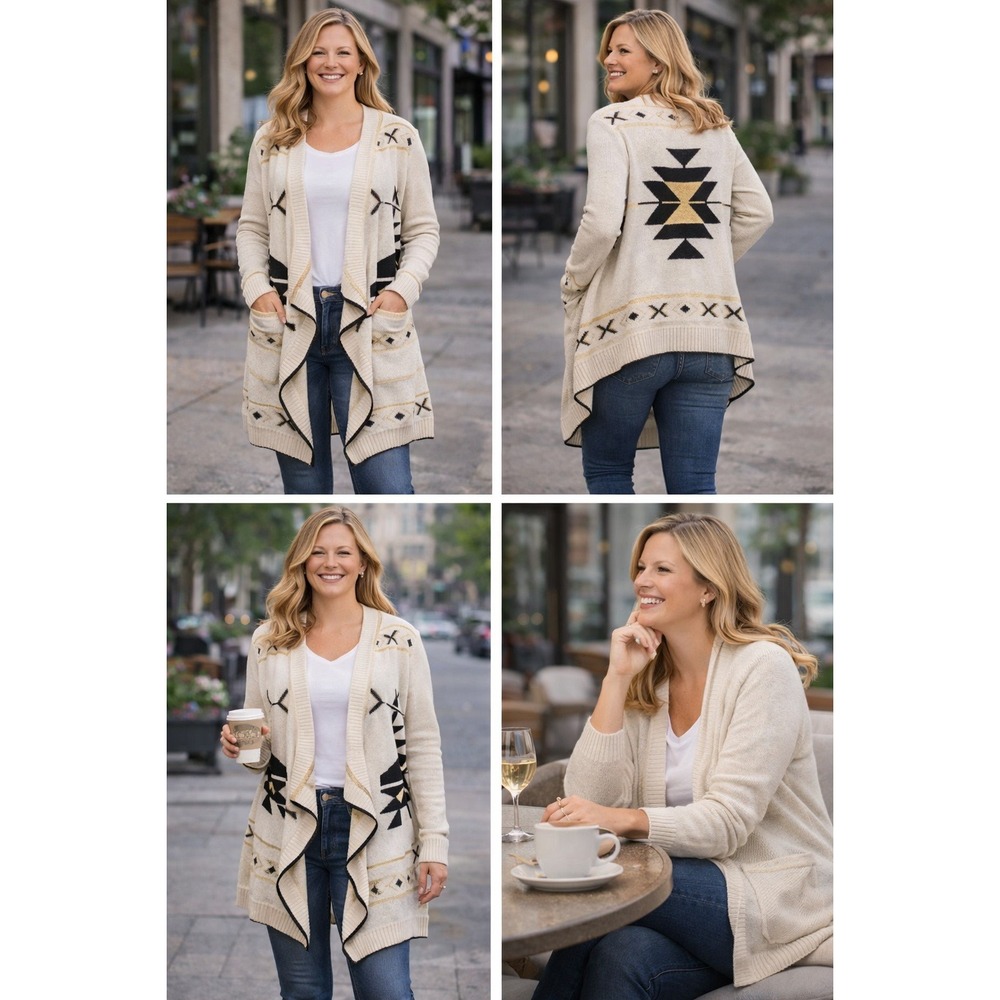 Aztec Southwestern‎ Open Front Long Cardigan Sweater Flowy Western Womens Large